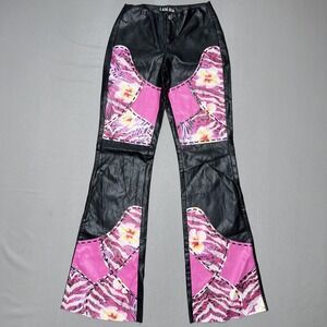 I.AM.GIA Eris Patchwork Floral Animal Pants‎ Womens XS Black Faux Leather Flare